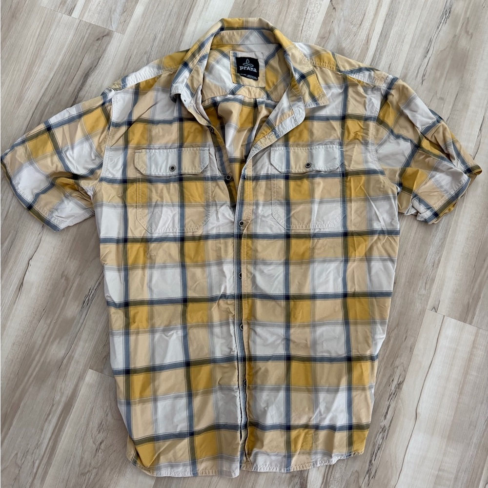 Prana Yellow and Gray Plaid Casual Shirt